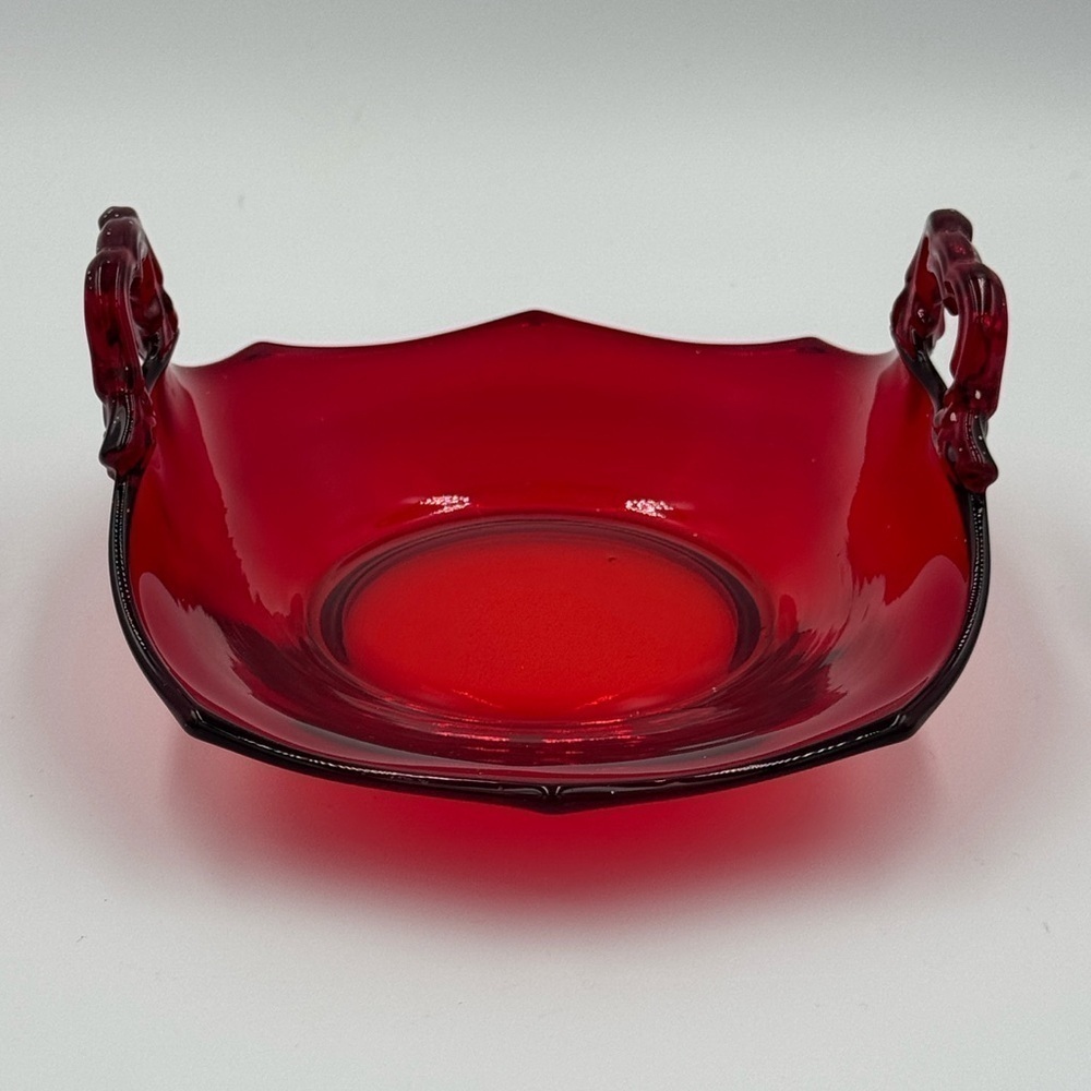 Vintage Martinville Glass Ruby Red Decagon Bon Bon Basket Bowl 2 Handles